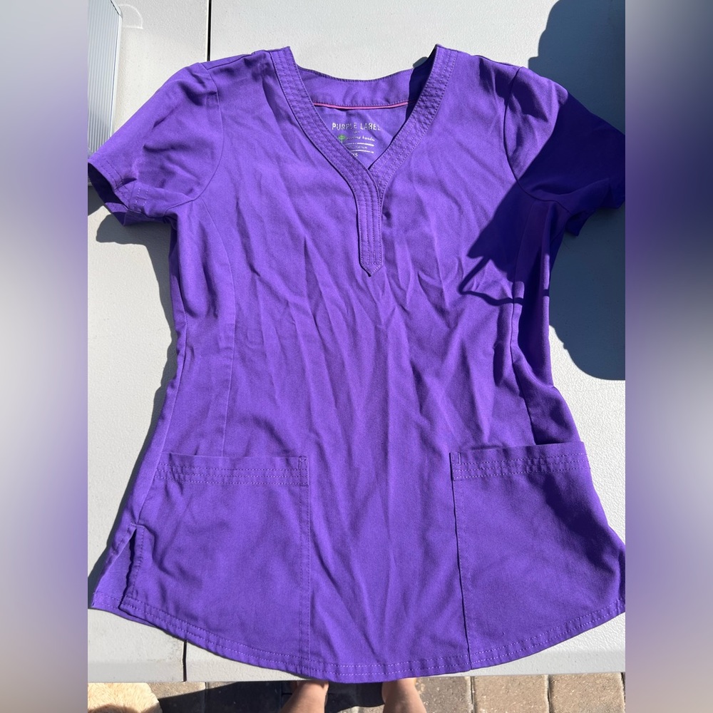 XS scrub tops(4) and bottoms(5). The brand is PURPLE label by healings hands.